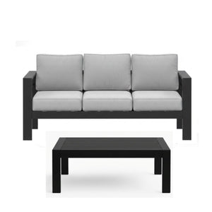 English Elm 2 Piece Outdoor Iron Patio Sofa Set with Thick Cushions and Wood Grain Coffee Table Black+ Gray B082P455117