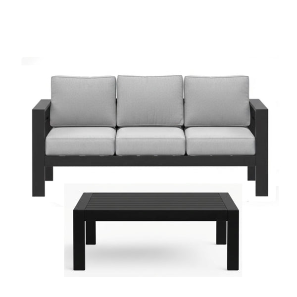 English Elm 2 Piece Outdoor Iron Patio Sofa Set with Thick Cushions and Wood Grain Coffee Table Black+ Gray B082P455117
