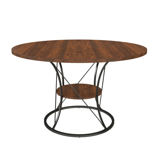 English Elm 43 Inch Expandable Round Dining Table Walnut Veneer Seats Six with Metal Storage Shelf Walnut+Black W2700P411580