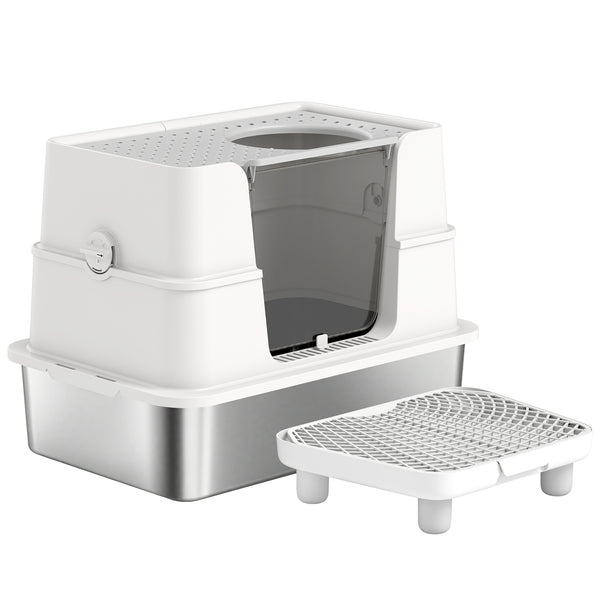 English Elm Pet Feeder Storage Cabinet with Raised Bowls Tempered Glass Door and White Mdf Build T3971P401836