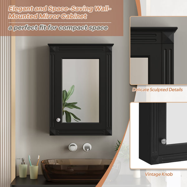 English Elm 20" Medicine Cabinet with Mirror — Space-Saving Wall-Mounted Bathroom Storage with Adjustable Shelf, Modern Carved Design Black N710P317680B