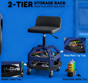 English Elm Adjustable Rolling Garage Stool with Lumbar Support Dual Storage Trays and Swivel Casters T3971P412551
