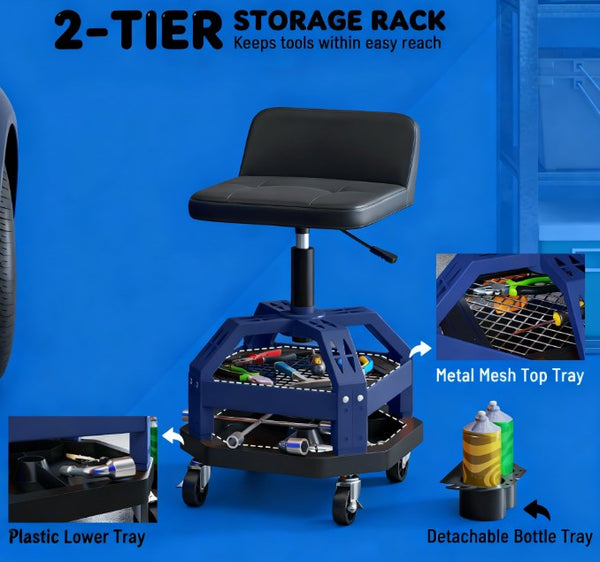 English Elm Adjustable Rolling Garage Stool with Lumbar Support Dual Storage Trays and Swivel Casters T3971P412551