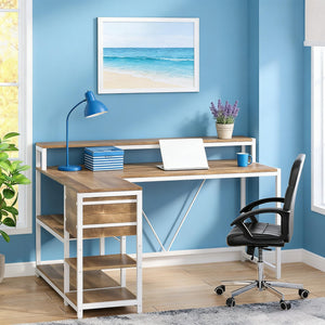 English Elm Writing Desk with Five Drawers Reversible Cabinet Home Office Vanity Workstation T3971P450851