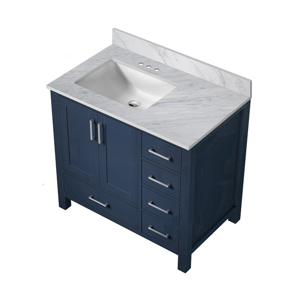 English Elm Navy Solid Wood Bath Vanity 36" W x 22" D Left Offset with Carrara Marble Top, Soft-Close Drawers B2731P258856