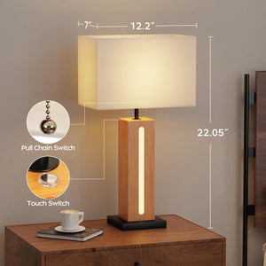 English Elm Table Lamps Set of 2 Modern Dimmable Bedside Lamps with Touch Nightlight Rustic Wood Grain Linen Shades W3355P369114