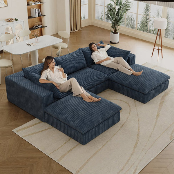 English Elm 118.2" Cloud Sofa – Luxurious Corduroy Deep Seat Couch, No Assembly, Removable Cushions, Blue Style W2824S00106