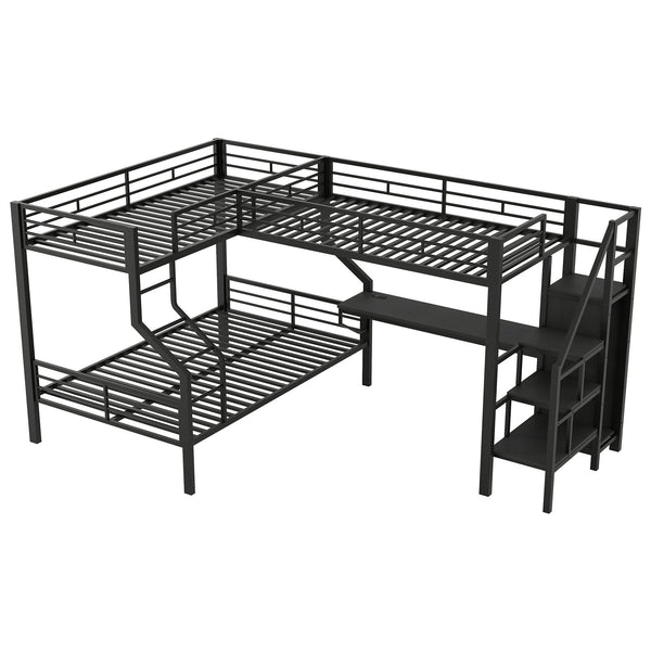 English Elm Twin Over Full L-shaped Bunk Bed with Wardrobe Desk and Usb Charging Ports N7500004100B