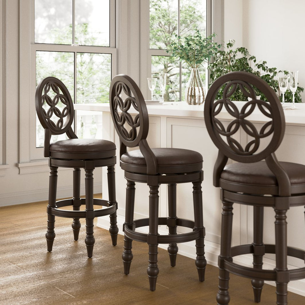 English Elm 26" Solid Wood Swivel Counterstool High Back Faux Leather Seat for Kitchen Island Walnut B2751P436475