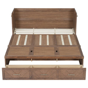 English Elm Queen Cabinet Murphy Bed Pine Wood Frame Geometric Panel Usb Charging Guest Room W504S00306