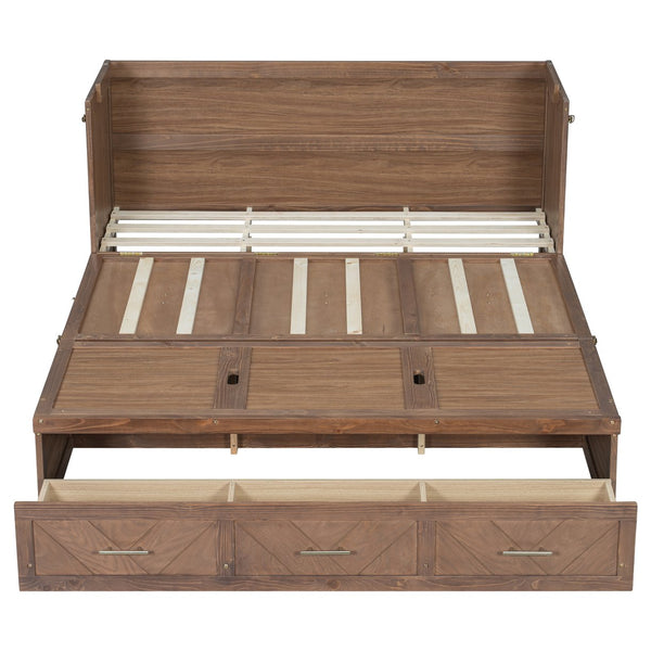 English Elm Queen Cabinet Murphy Bed Pine Wood Frame Geometric Panel Usb Charging Guest Room W504S00306