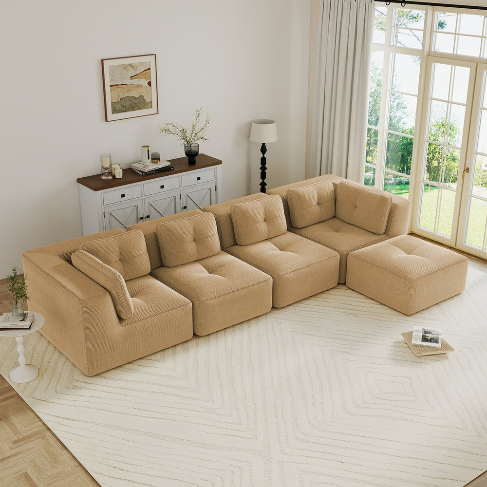English Elm Modern Corduroy Sectional Sofa with Movable Ottoman Deep Seat Tufted Living Room Couch Camel W714S01787