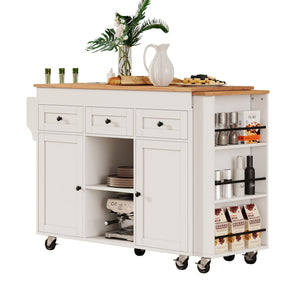 English Elm K&k Rolling Kitchen Island with Extendable Table Open Shelving and Built-in Power Outlet White N707P360278W