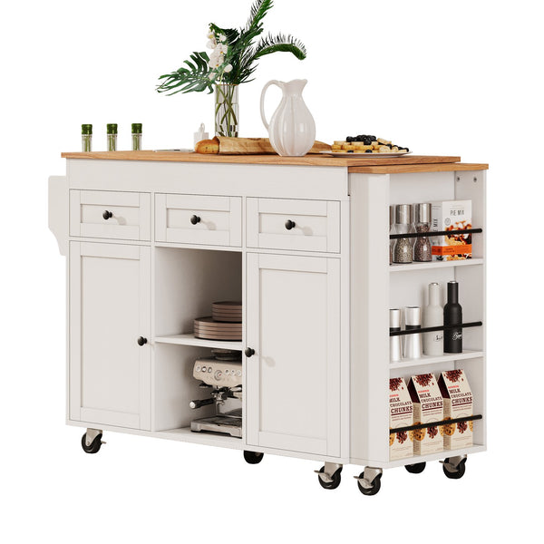 English Elm K&k Rolling Kitchen Island with Extendable Table Open Shelving and Built-in Power Outlet White N707P360278W