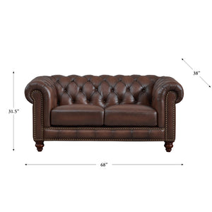 English Elm Alton Bay Top Grain Leather Loveseat with Button-Tufted Chesterfield Back, Rolled Arms & Wood Feet B2705P211738