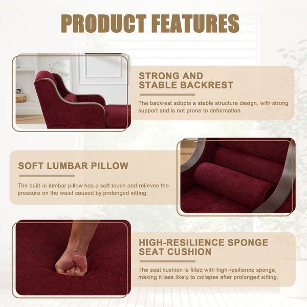 English Elm UNITED Oversized Chaise Lounge Sofa Bed with Solid Wood Arms, High-Resilience Foam, 800lb Capacity and Storage Pockets WINE RED W1568S00210