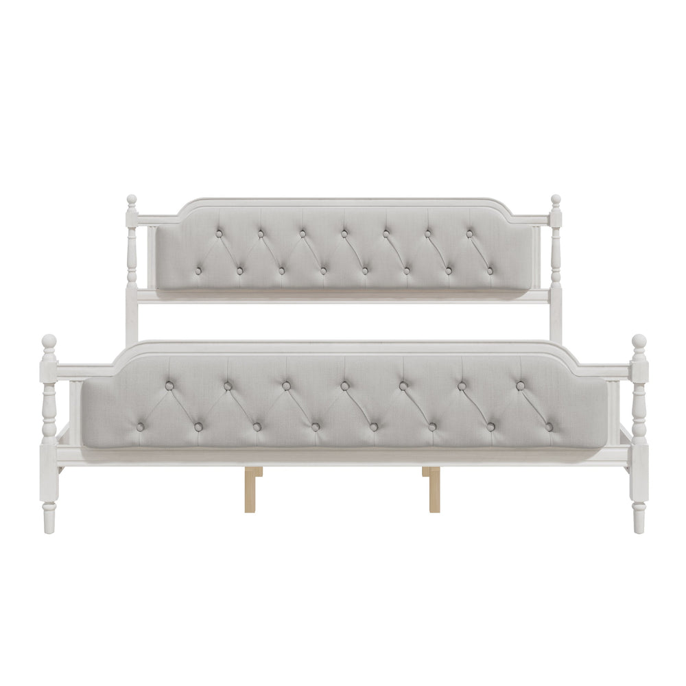 English Elm Traditional Solid Wood Bed Frame with Tufted Upholstered Headboard, No Box Spring Needed, Sturdy 400 lb Capacity Antique White 83.5 L x 22.25 W x 10.4 H N701P242572K