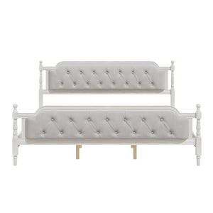 English Elm Traditional Solid Wood Bed Frame with Tufted Upholstered Headboard, No Box Spring Needed, Sturdy 400 lb Capacity Antique White 83.5 L x 22.25 W x 10.4 H N701P242572K