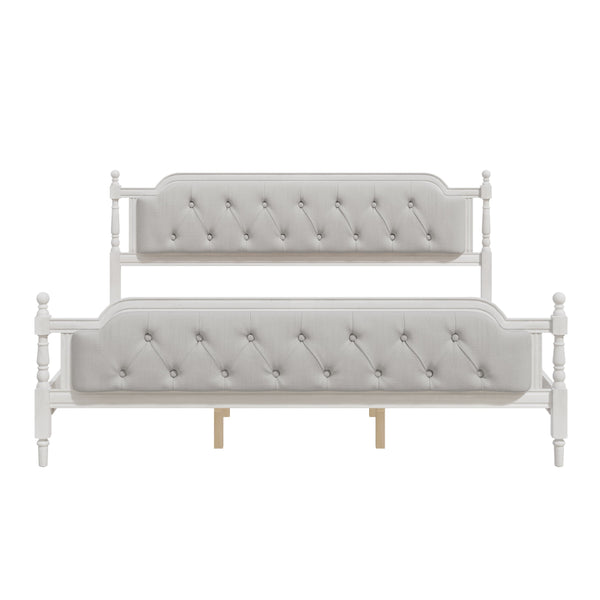 English Elm Traditional Solid Wood Bed Frame with Tufted Upholstered Headboard, No Box Spring Needed, Sturdy 400 lb Capacity Antique White 83.5 L x 22.25 W x 10.4 H N701P242572K