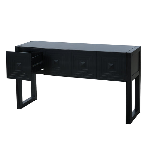 English Elm [video] Art Deco Console Table Geometric Carved Fronts Fluted Legs 3 Soft-close Drawers Black N759P433572B