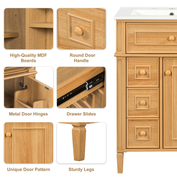 English Elm 24" Solid Pine Bathroom Vanity Cabinet with Ceramic Sink Soft Close Drawers N725P375500N