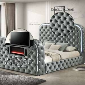 English Elm Gray Velvet Tufted Eastern King Bed with Led Headboard Fireplace and Motorized Tv Lift B2756S00008