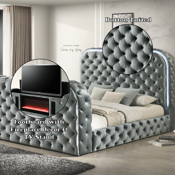 English Elm Gray Velvet Tufted Eastern King Bed with Led Headboard Fireplace and Motorized Tv Lift B2756S00008