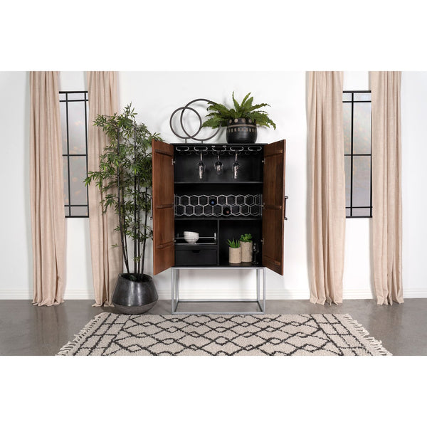 English Elm Washoe Rustic Walnut & Black 2-Door Bar Cabinet with Wine Rack, Stemware Storage, Industrial Frame B062P358300