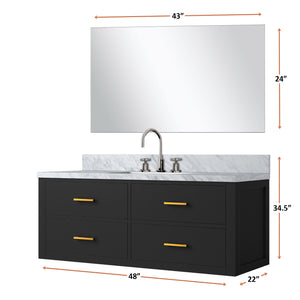 English Elm Black Single Bath Vanity Set – 48" W With Carrara Marble Top, Frameless Mirror & Chrome Faucet Included B2731S01995