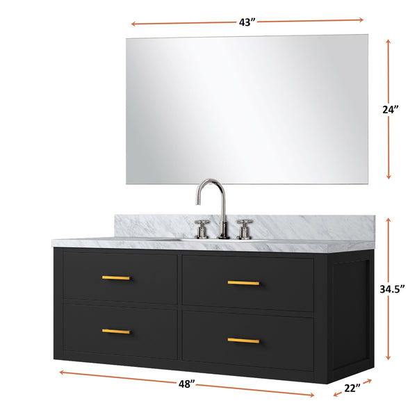 English Elm Black Single Bath Vanity Set – 48" W With Carrara Marble Top, Frameless Mirror & Chrome Faucet Included B2731S01995