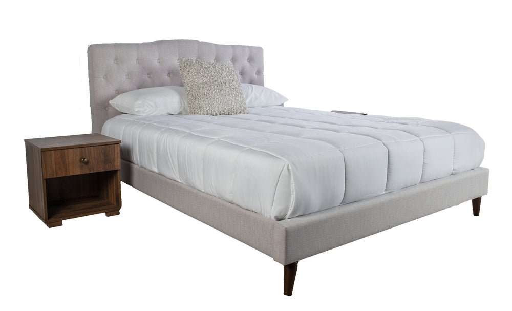 English Elm Queen Upholstered Fabric Bed Set with Tall Headboard and Two Walnut Nightstands B2699S00072
