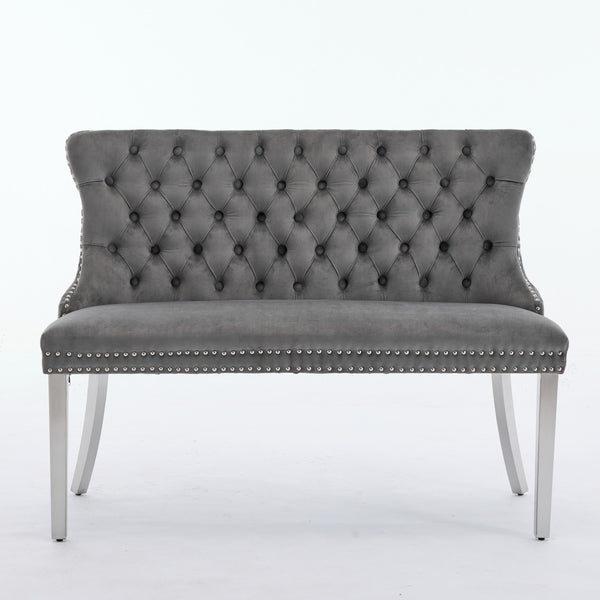 English Elm Velvet Double Dining Loveseat Bench - Elegant Gray Velvet, Hand-Tufted, Modern Design For Any Space W1143P362520-GIGA
