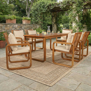 English Elm Outdoor Acacia Wood Dining Set Seats Six with Cushioned Armrest Chairs for Patio Natural Wood+Brown N719Z000200D