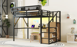 English Elm Full Loft Bed with Desk and Charging Station, Metal Loft with Stairs, Wardrobe, Shelves & Light Black W2580S00047