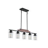 English Elm Farmhouse Industrial 5-Light Kitchen Island Pendant Light, Metal Wood Chandelier With Clear Glass Shades, Adjustable Height Hanging Fixture For Dining Room, Living Room, and Kitchen(No Bulbs)