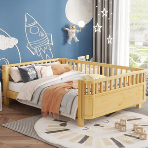 English Elm Full Full Size Wood Platform Bed for Kids with Guardrail, Solid Pine Construction, Low Profile, 350LB Capacity, Natural Finish W2593P367066