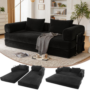 English Elm 78 Inch Corduroy Convertible Sofa Sleeper Futon with Foldable Armrests for Studio Rooms Black W5385P455023