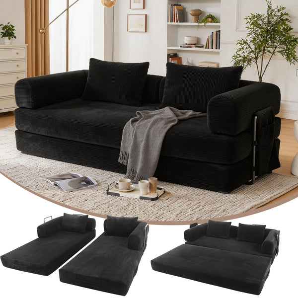 English Elm 78 Inch Corduroy Convertible Sofa Sleeper Futon with Foldable Armrests for Studio Rooms Black W5385P455023