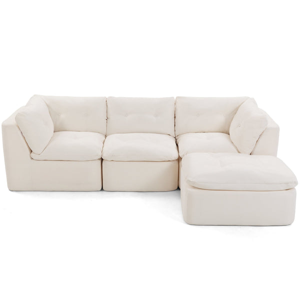 English Elm Modern Chenille Cloud Sectional with Ottoman Deep Sink Modular L Shaped Living Room Sofa Beige+White W2379S00001