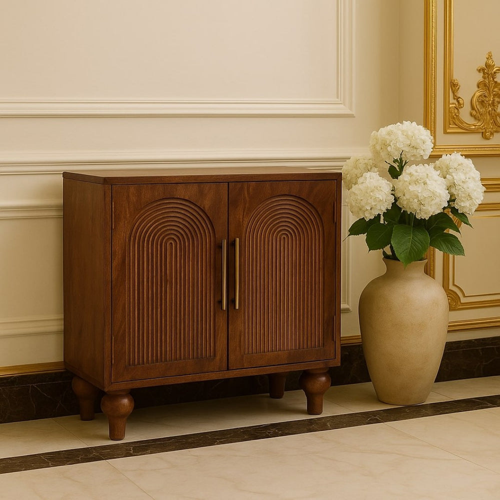 English Elm Solid Wood Arco Groove Sideboard: Handcrafted Mango Wood With Elegant Brass Accents & Ample Storage B182P372132-GIGA