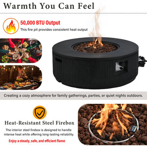 English Elm U_style Round Mgo Propane Fire Pit 50000 Btu Sculptural Outdoor Patio Table with Lava Rocks Black N711P410549E