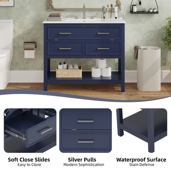 English Elm Christopher Knight Home® - 36" Modern Bathroom Vanity with Ceramic Sink, Tip-Out Tray, Soft-Close Drawers, Open Shelf, Waterproof Surface Blue N817P288908B