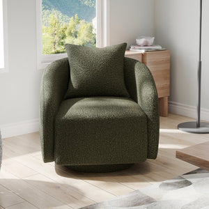 English Elm Swivel Barrel Armchair in Teddy Fabric with Lumbar Pillow and Solid Wood Legs Green T3623P430704