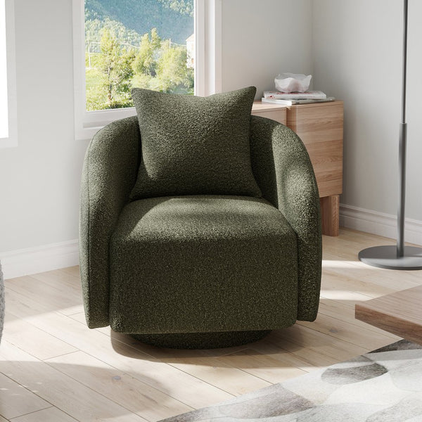 English Elm Swivel Barrel Armchair in Teddy Fabric with Lumbar Pillow and Solid Wood Legs Green T3623P430704