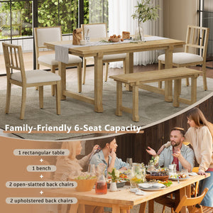 English Elm Trexm Farmhouse Dining Set Seats Six Oak Veneer Table Mixed Chairs Bench Included Beige,Natural Wood Wash ST000156AAE