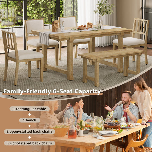 English Elm Trexm Farmhouse Dining Set Seats Six Oak Veneer Table Mixed Chairs Bench Included Beige,Natural Wood Wash ST000156AAE