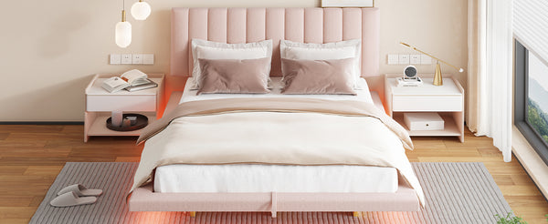 English Elm Queen Upholstered Floating Bed with LED Lighting, Hydraulic Lift, 4 Storage Drawers, Velvet Luxury Pink SF000132AAH