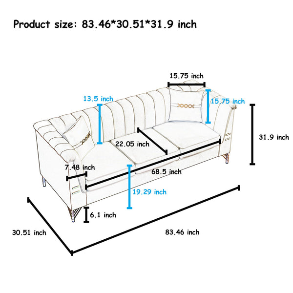 English Elm Fx-P82-Be3 - Luxurious Beige Velvet Chesterfield 3-Seater Sofa With 2 Pillows For Modern Living Spaces W576S00220