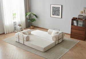 English Elm 78.8" Corduroy Modular Floor Sofa Convertible Sleeper Futon with Pillow Back Support Off White W5617P458132