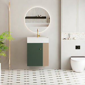English Elm 21.6" Floating Bathroom Vanity Sage Green Cabinet Ceramic Sink Brushed Copper Accents W1920S00194